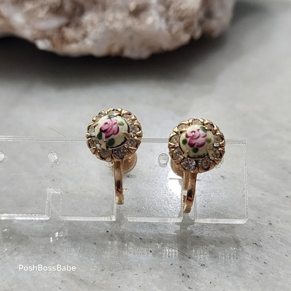 Vintage Floral Porcelain Screw Back Earrings | Rhinestone Gold Tone - Picture 5 of 13